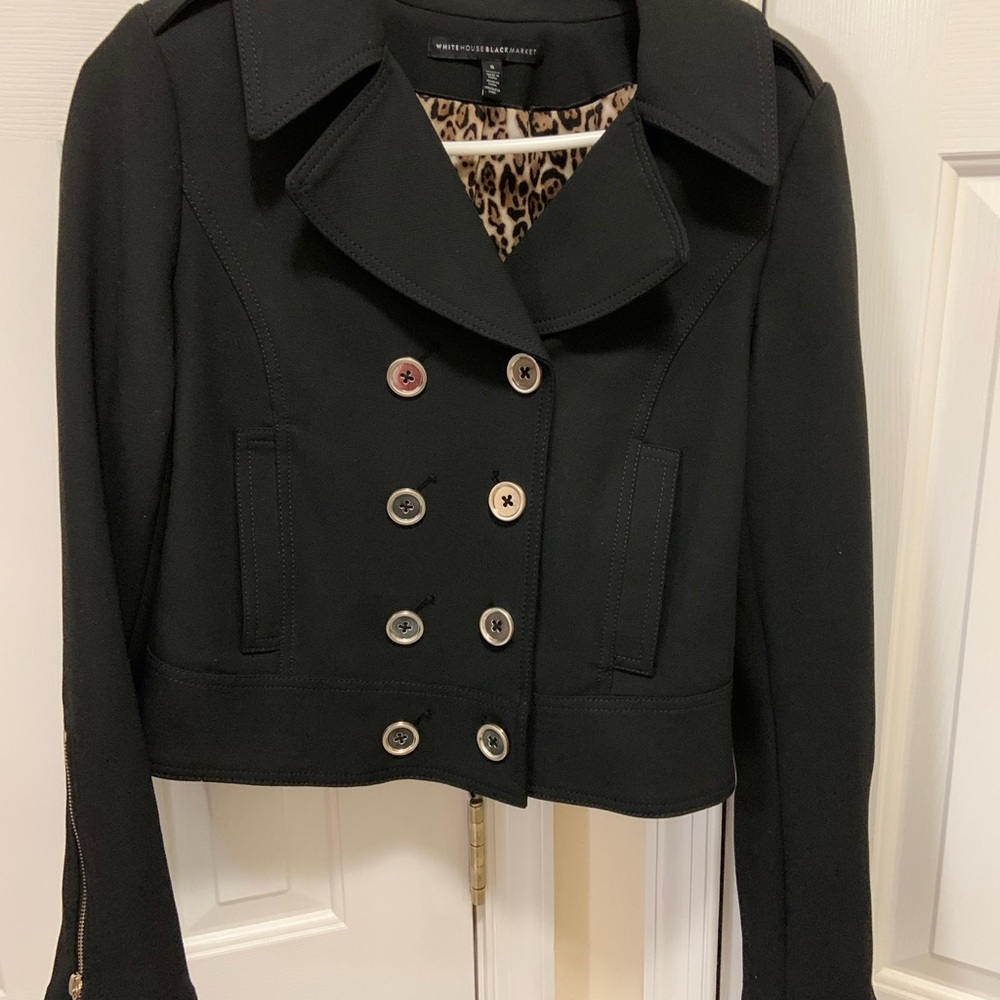 White House Black Market Black Pea Coat with Leopard Lining